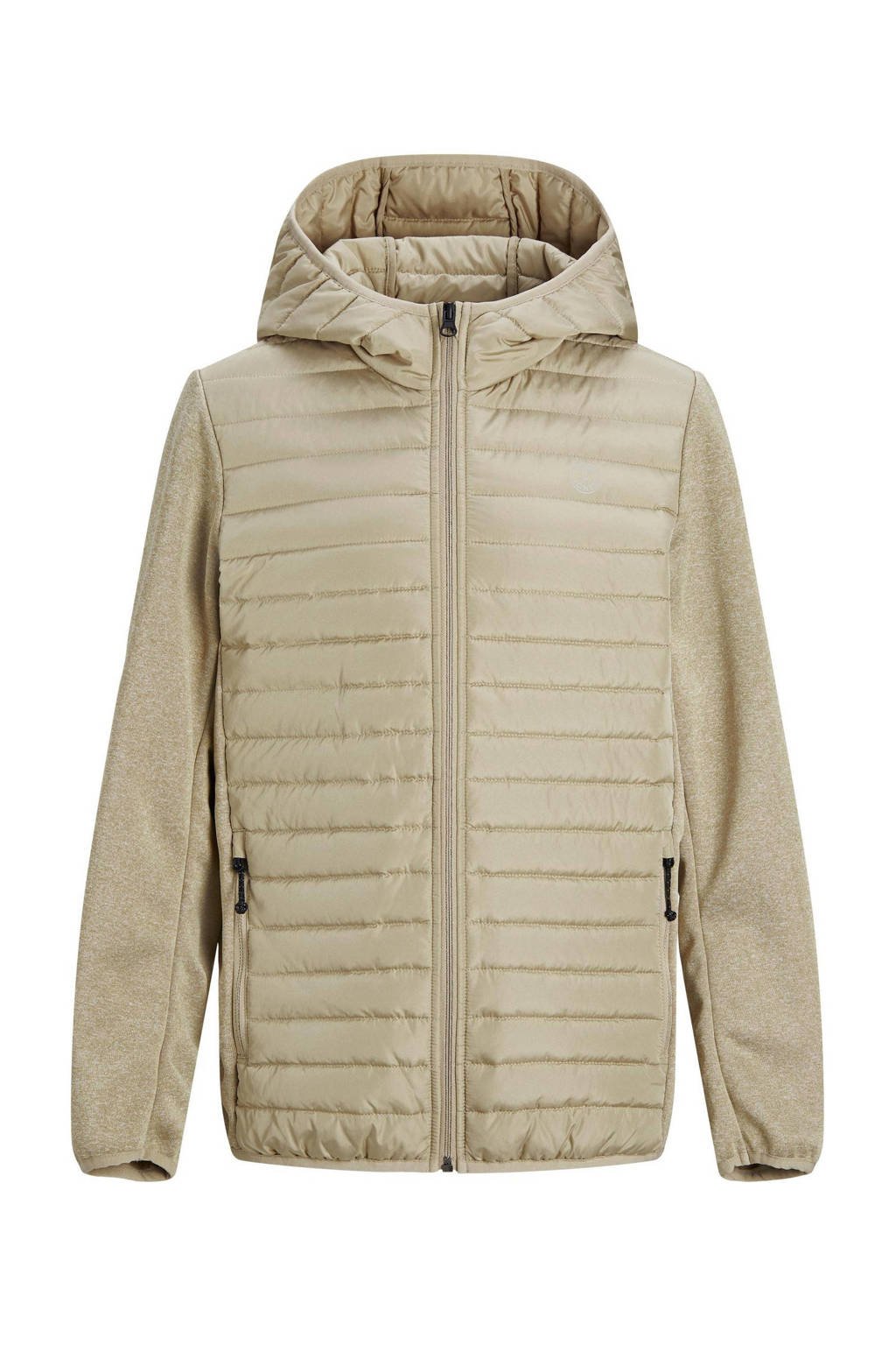 Beige jongens JACK & JONES JUNIOR gewatteerde jas van polyester met lange mouwen, capuchon en ritssluiting