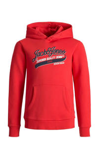 Rode jongens JACK & JONES JUNIOR hoodie van sweat materiaal met logo dessin, lange mouwen, capuchon en geribde boorden