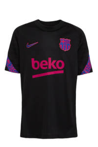 Zwarte jongens en meisjes Nike Junior FC Barcelona voetbalshirt van polyester met logo dessin, korte mouwen en ronde hals