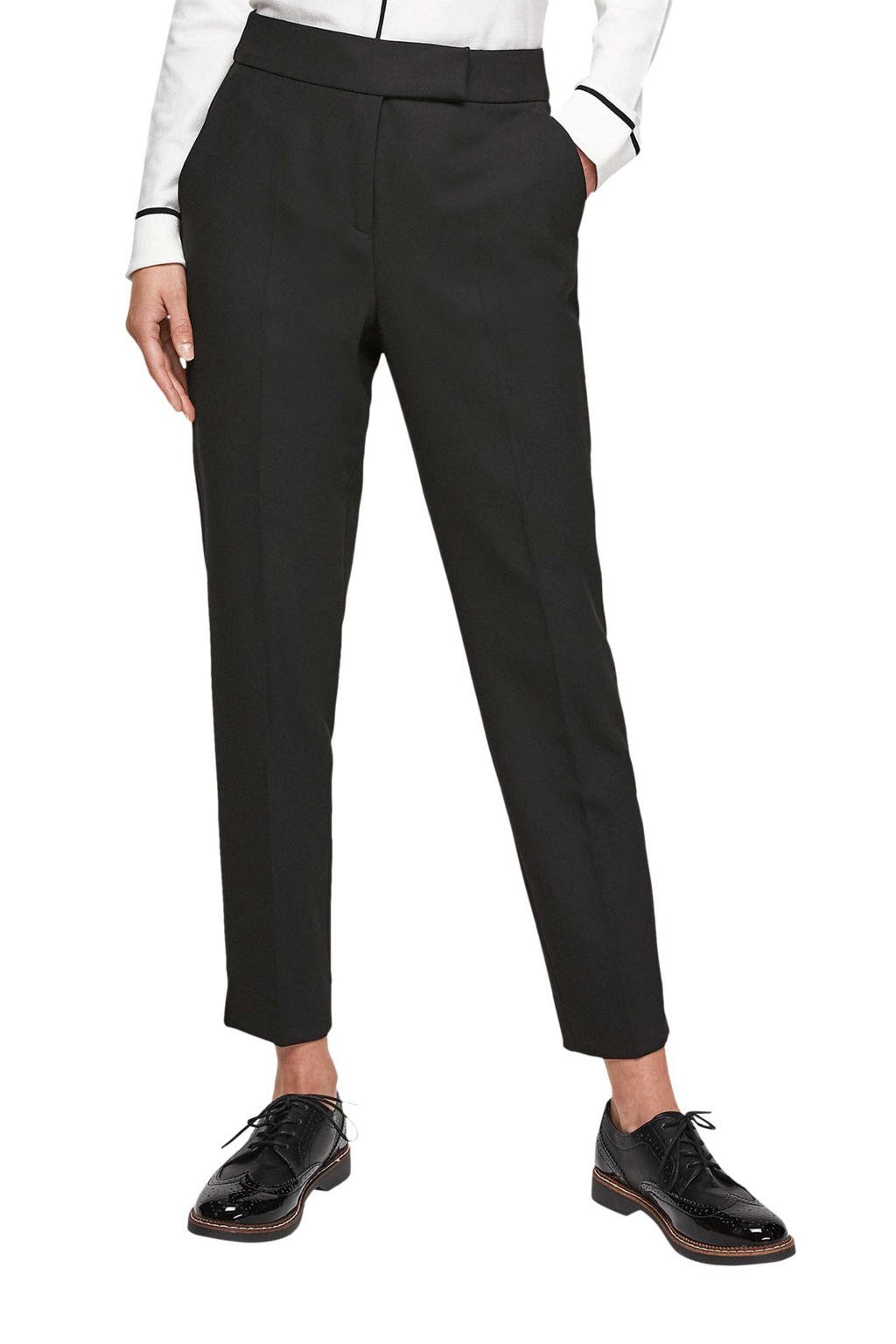 Zwarte dames s.Oliver BLACK LABEL cropped straight fit pantalon van katoen met regular waist en rits, haak- en knoopsluiting