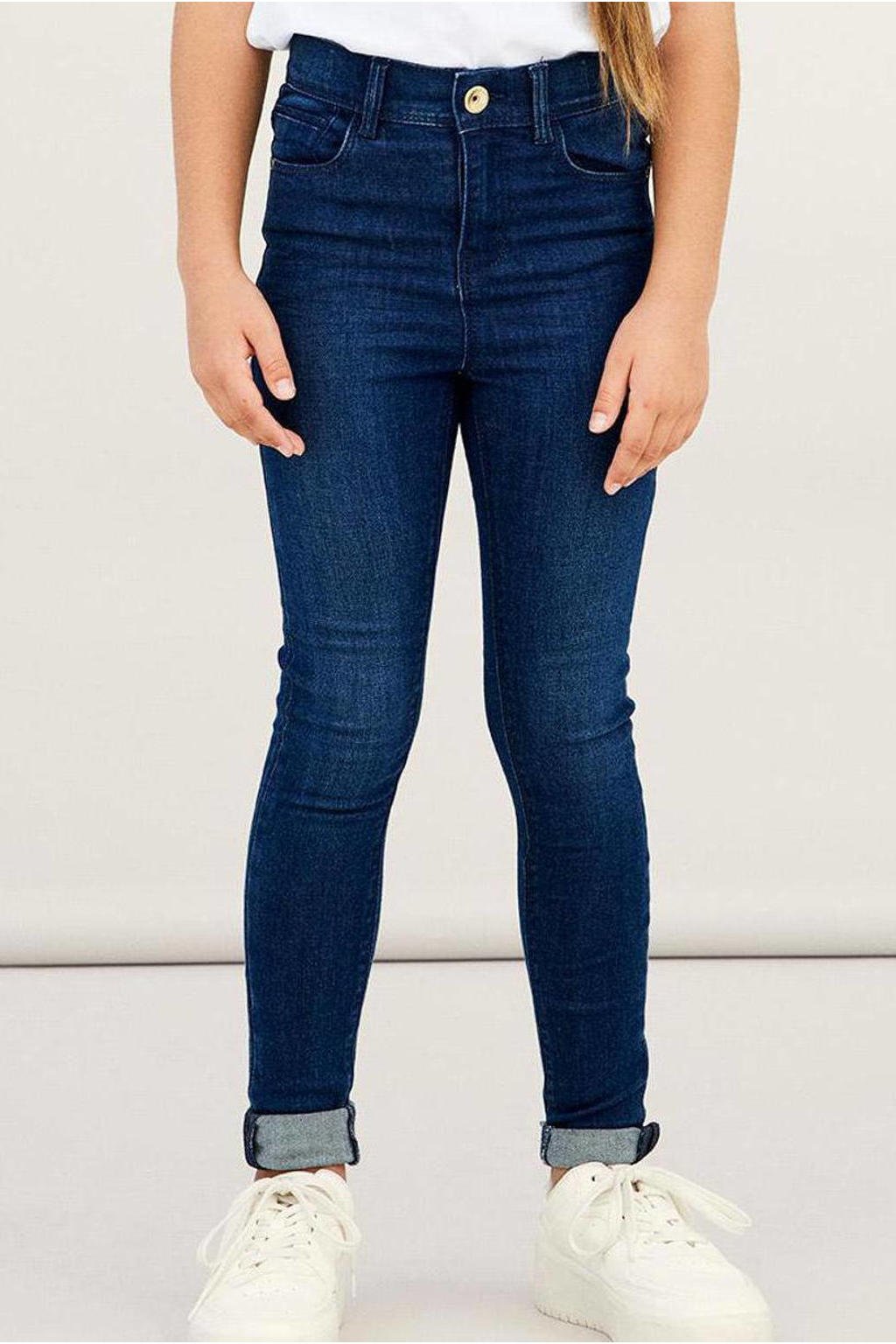 Donkerblauwe meisjes NAME IT KIDS skinny jeans van stretchdenim met regular waist en rits- en knoopsluiting