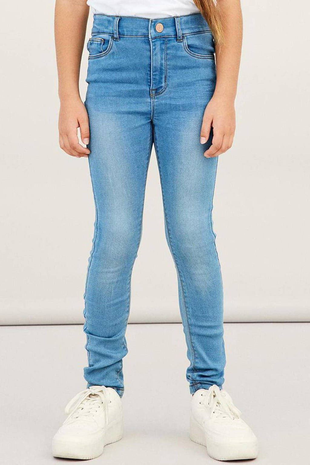 Lichtblauwe meisjes NAME IT KIDS skinny jeans van stretchdenim met regular waist en rits- en knoopsluiting