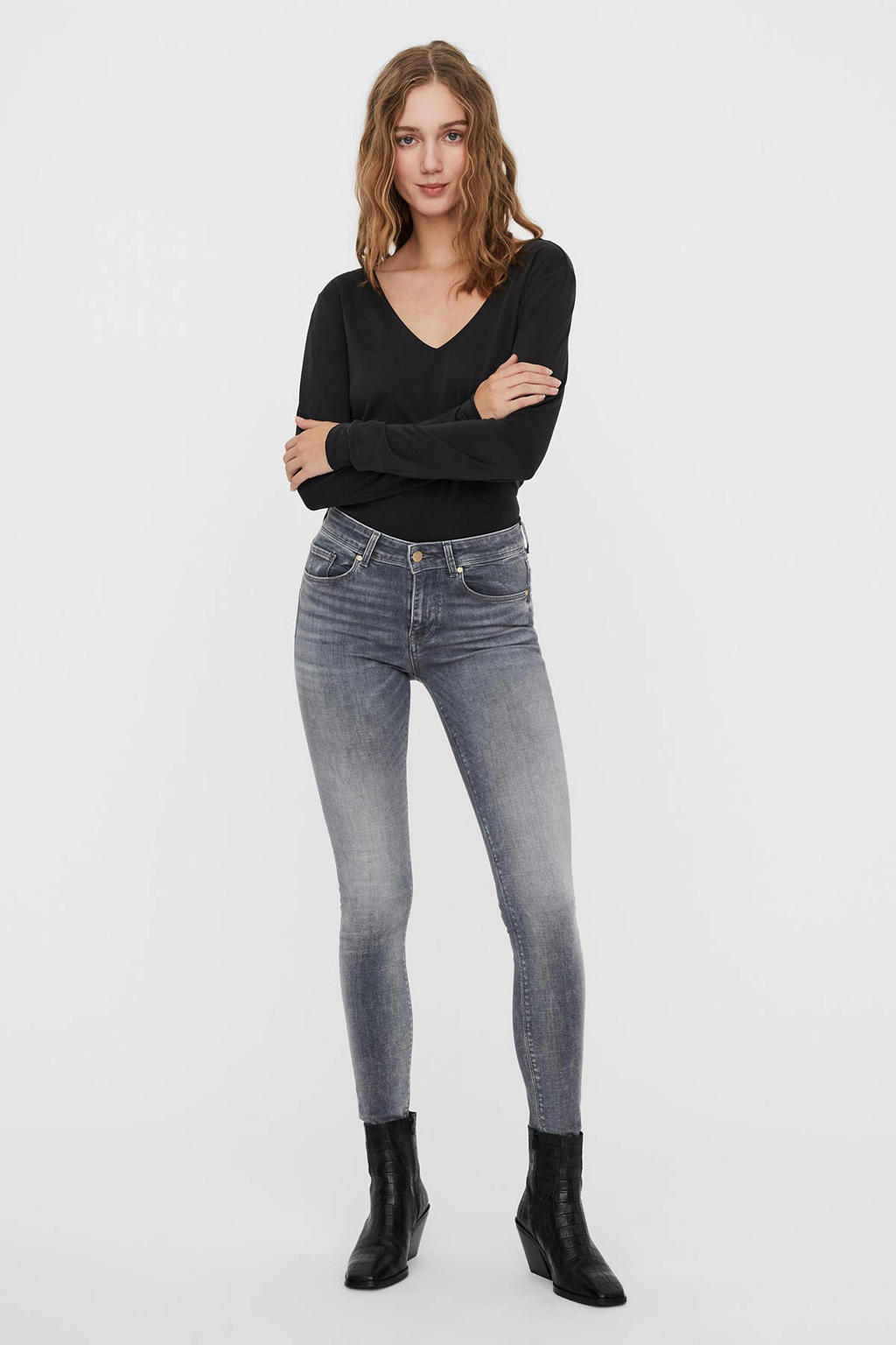 Grijze dames VERO MODA slim fit jeans katoen van duurzaam stretchdenim met regular waist