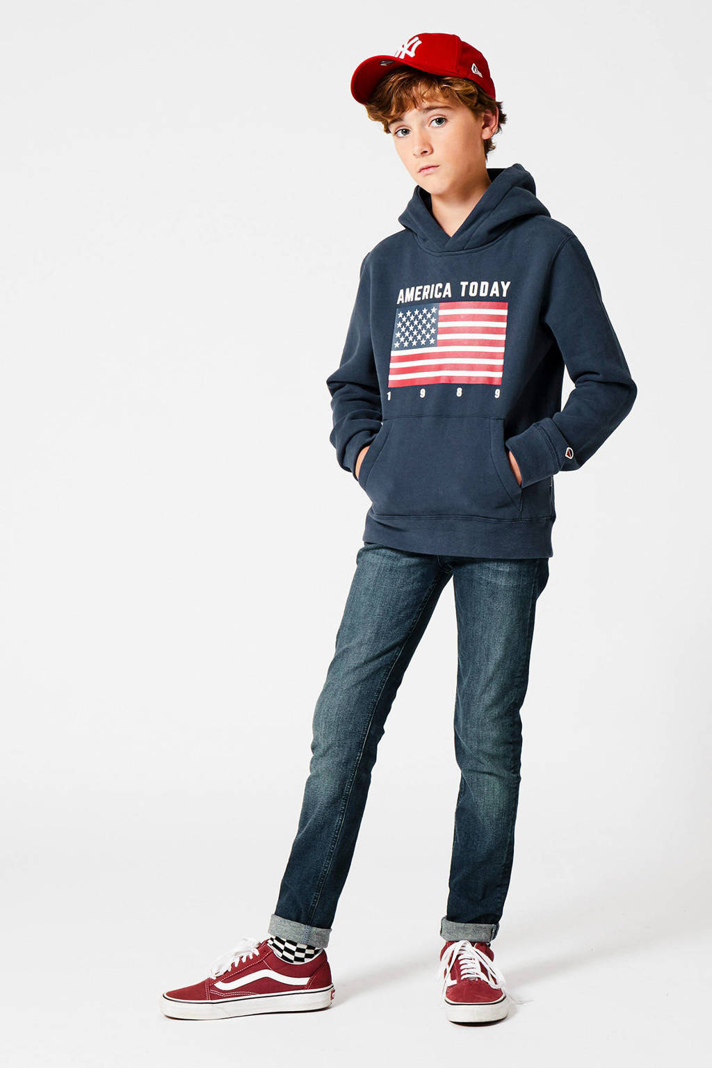 Blauwe jongens America Today Junior hoodie Steven Flag van sweat materiaal met printopdruk, lange mouwen en capuchon