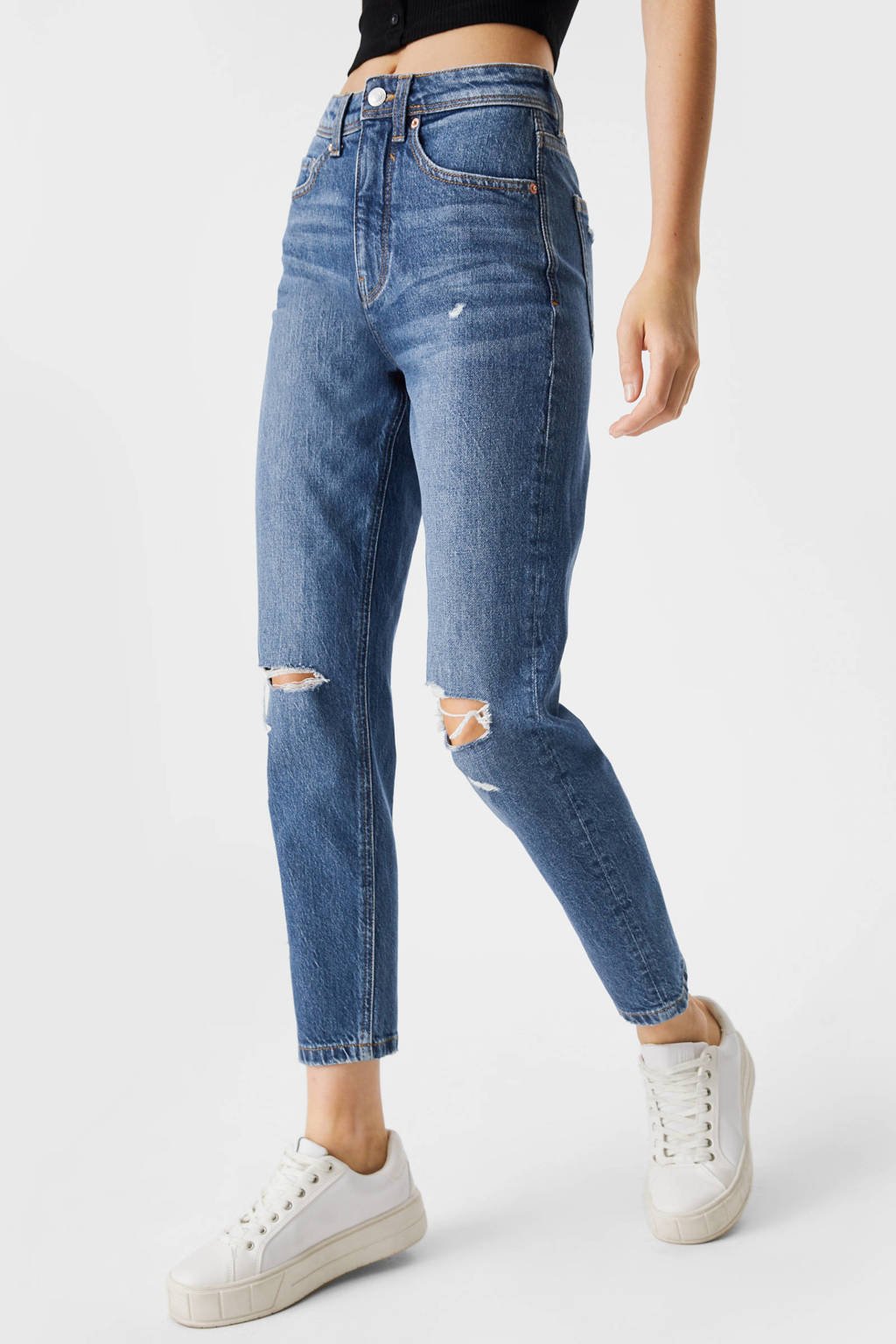 Blauwe dames C&A Clockhouse tapered fit jeans van stretchdenim met regular waist en rits- en knoopsluiting