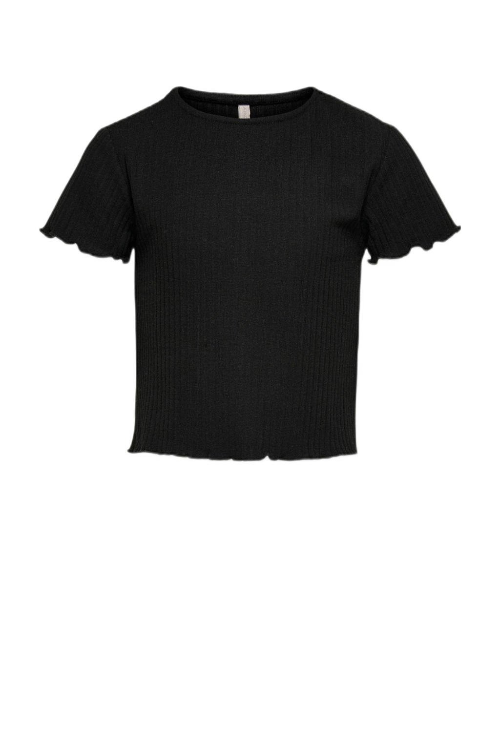 Zwarte meisjes KIDS ONLY GIRL T-shirt van polyester met effen, korte mouwen, ronde hals en ruches
