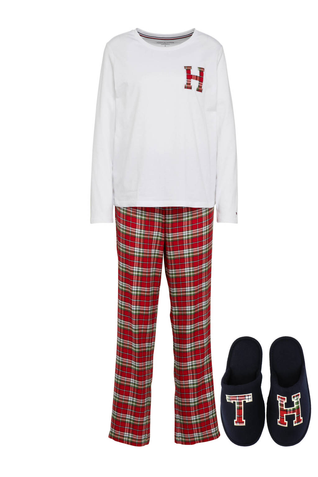 Tommy Hilfiger giftbox pyjama + sloffen met ruit wit/rood/blauw, Wit/rood/blauw
