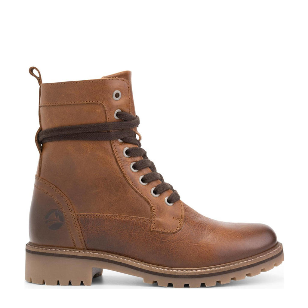 Cognackleurige dames Travelin Kvinlog Lady leren veterboots met profielzool en rits- en vetersluiting