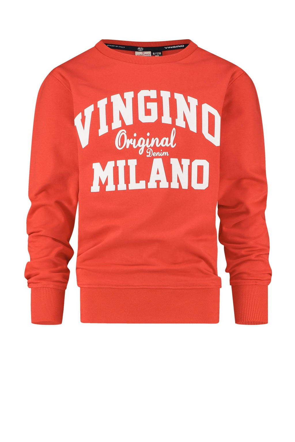 Rode jongens Vingino Essentials sweater met logo dessin, lange mouwen en ronde hals