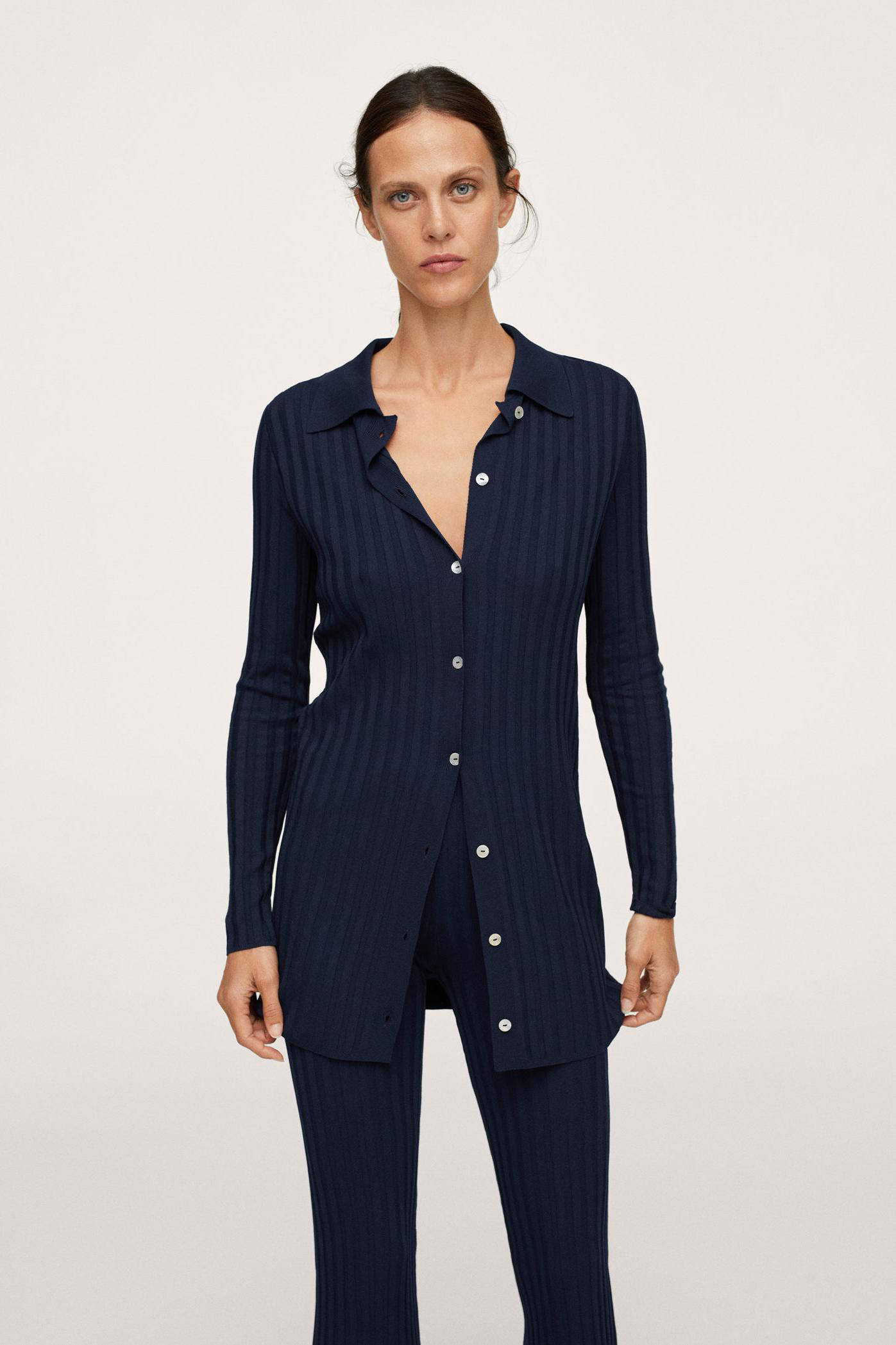 Mango fijn gebreide flared broek donkerblauw | wehkamp