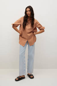 Bruine dames Mango blouse van katoen met lange mouwen, klassieke kraag, knoopsluiting en split