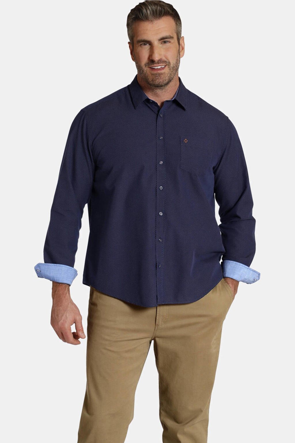 Blauwe heren Charles Colby oversized overhemd Plus Size van katoen met all over print en lange mouwen