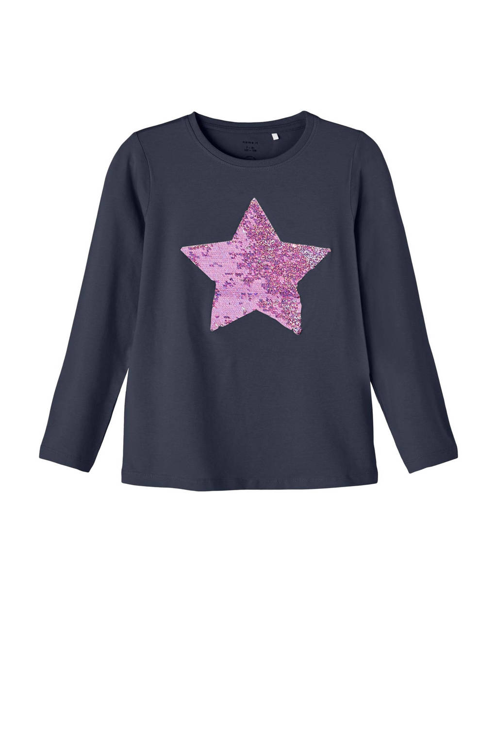 Donkerblauwe meisjes NAME IT KIDS longsleeve en pailletten van duurzaam stretchkatoen met printopdruk, lange mouwen en ronde hals