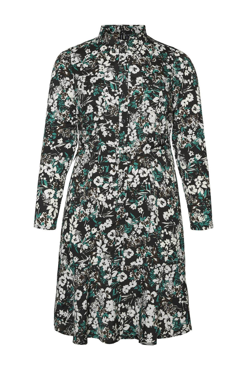 VERO MODA CURVE gebloemde blousejurk VMTAMMY zwart/groen/wit, Zwart/groen/wit