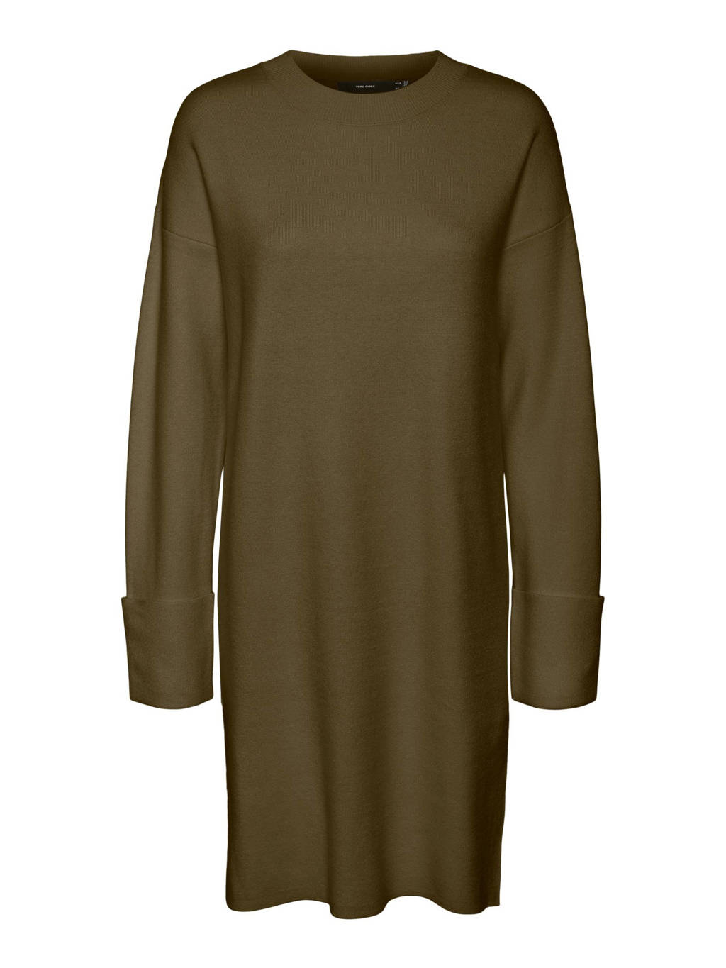 Kakikleurige dames VERO MODA CURVE fijngebreide jurk van viscose met lange mouwen en ronde hals