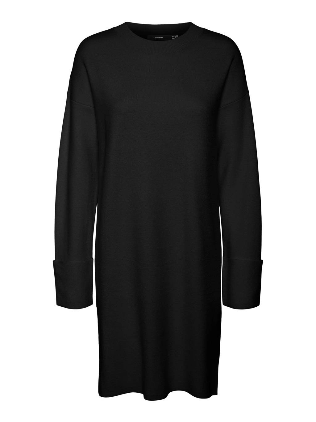 Zwarte dames VERO MODA CURVE fijngebreide jurk van viscose met lange mouwen en ronde hals