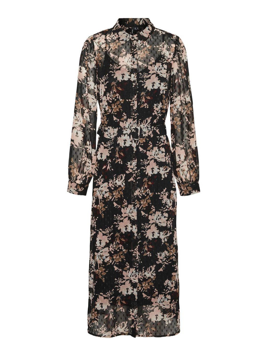 VERO MODA CURVE gebloemde semi-transparante maxi blousejurk VMCAISA van gerecycled polyester zwart/lichtroze/bruin, Zwart/lichtroze/bruin