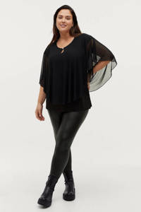 Zwarte dames Ellos semi-transparante top van polyester met half lange mouwen, ronde hals, knoopsluiting en open detail