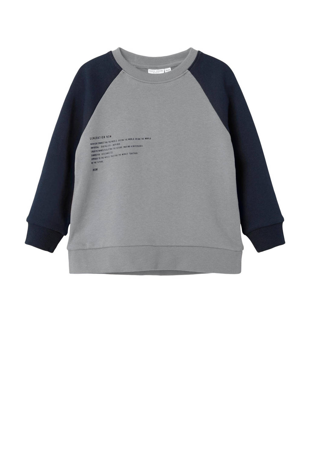Grijs en zwarte jongens NAME IT MINI sweater met tekst print, lange mouwen, ronde hals en geribde boorden