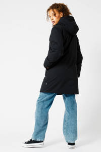 Zwarte dames America Today jas van gerecycled polyester met lange mouwen, capuchon, rits- en drukknoopsluiting en elastische boord