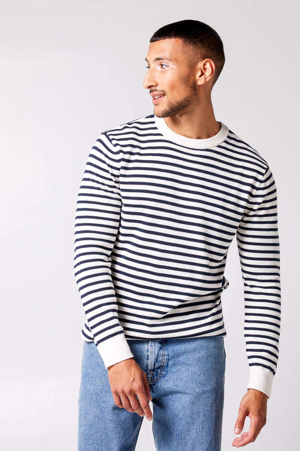 Blauw en ecru heren America Today gestreepte trui Keith navy van katoen met lange mouwen en ronde hals