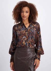 Bruin en multikleurige dames Tramontana blouse van viscose met bladprint, lange mouwen, klassieke kraag, knoopsluiting en smockwerk