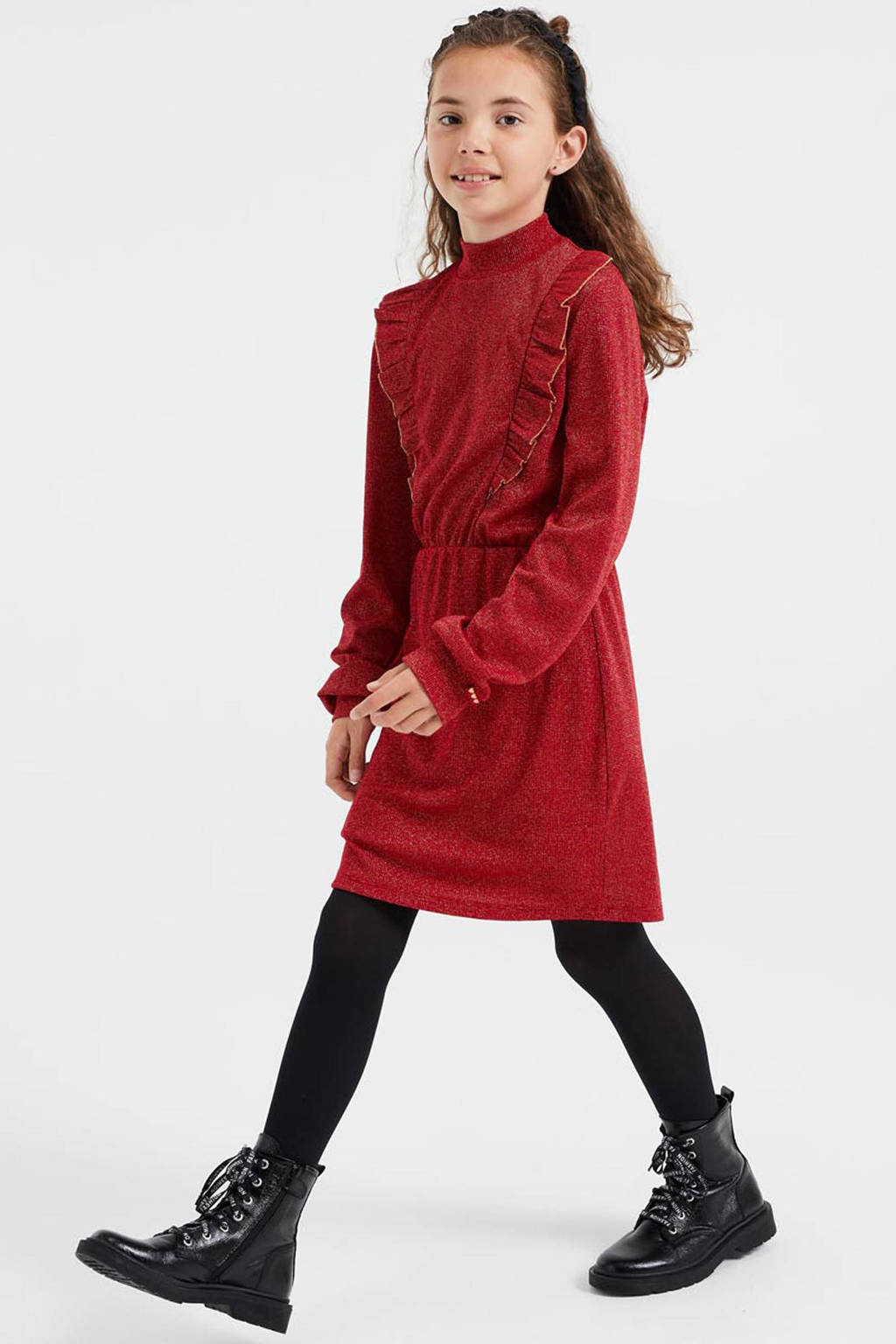 WE Fashion jurk met ruches rood, Rood