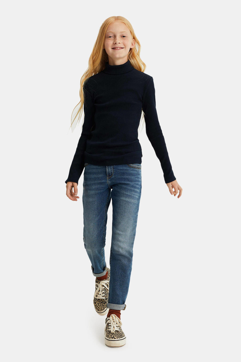 Blauwe meisjes WE Fashion ribgebreide longsleeve van stretchkatoen met effen, lange mouwen en col
