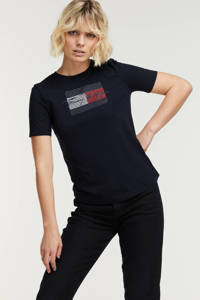Donkerblauwe dames Tommy Hilfiger T-shirt van katoen met logo dessin, korte mouwen en ronde hals