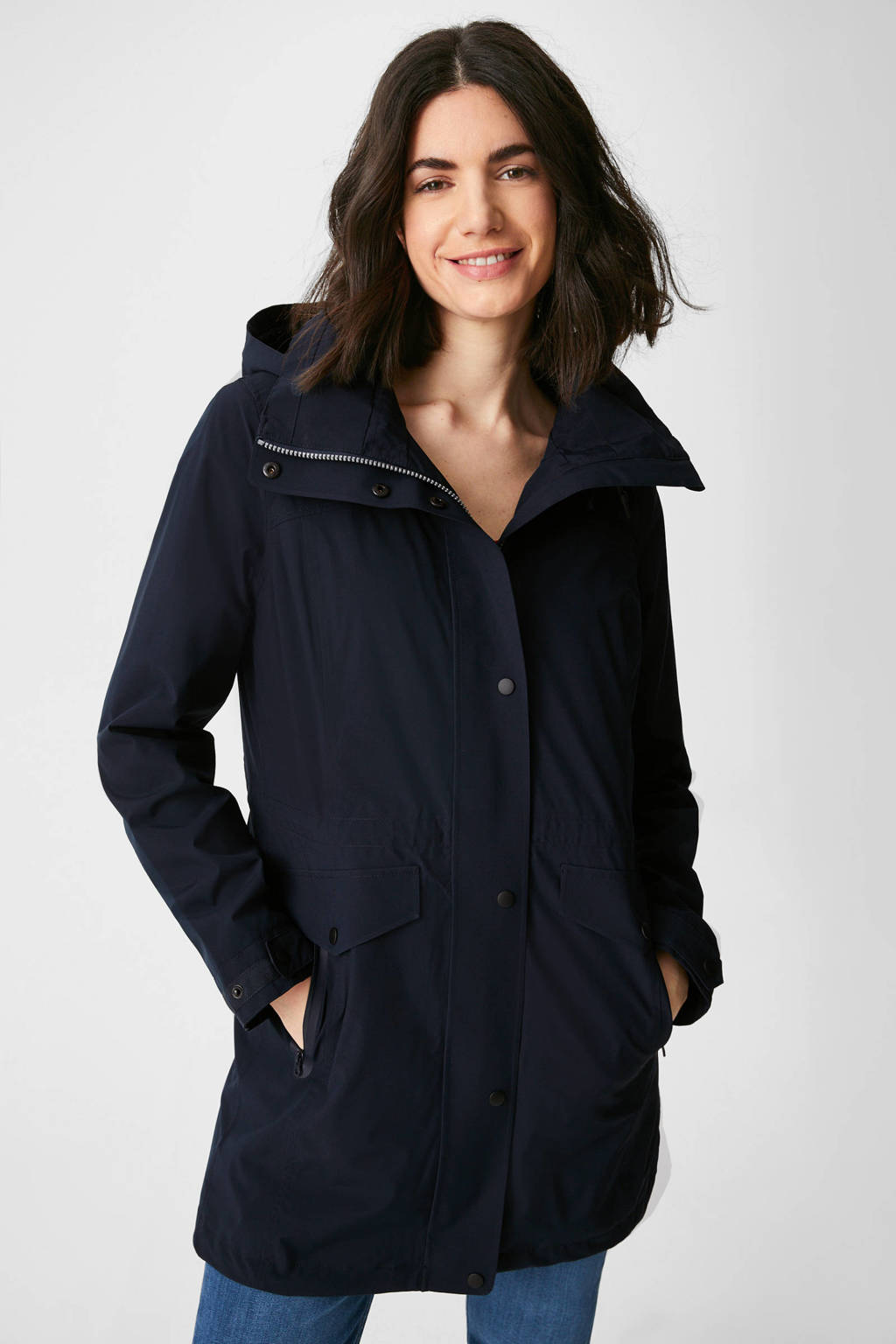 Donkerblauwe dames C&A The Outerwear waterproof jas van polyester met lange mouwen, capuchon en rits- en drukknoopsluiting