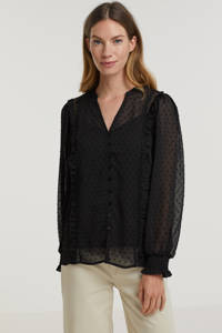 Zwarte dames Esqualo semi-transparante top en textuur van polyester met stippenprint, lange mouwen, V-hals, knoopsluiting en ballonmouwen