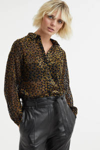 Zwart en gouden dames Esqualo semi-transparante blouse en textuur van viscose met stippenprint, lange mouwen, klassieke kraag en knoopsluiting