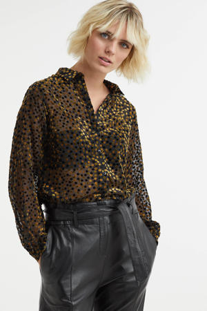 semi-transparante blouse met stippen en textuur zwart/goud