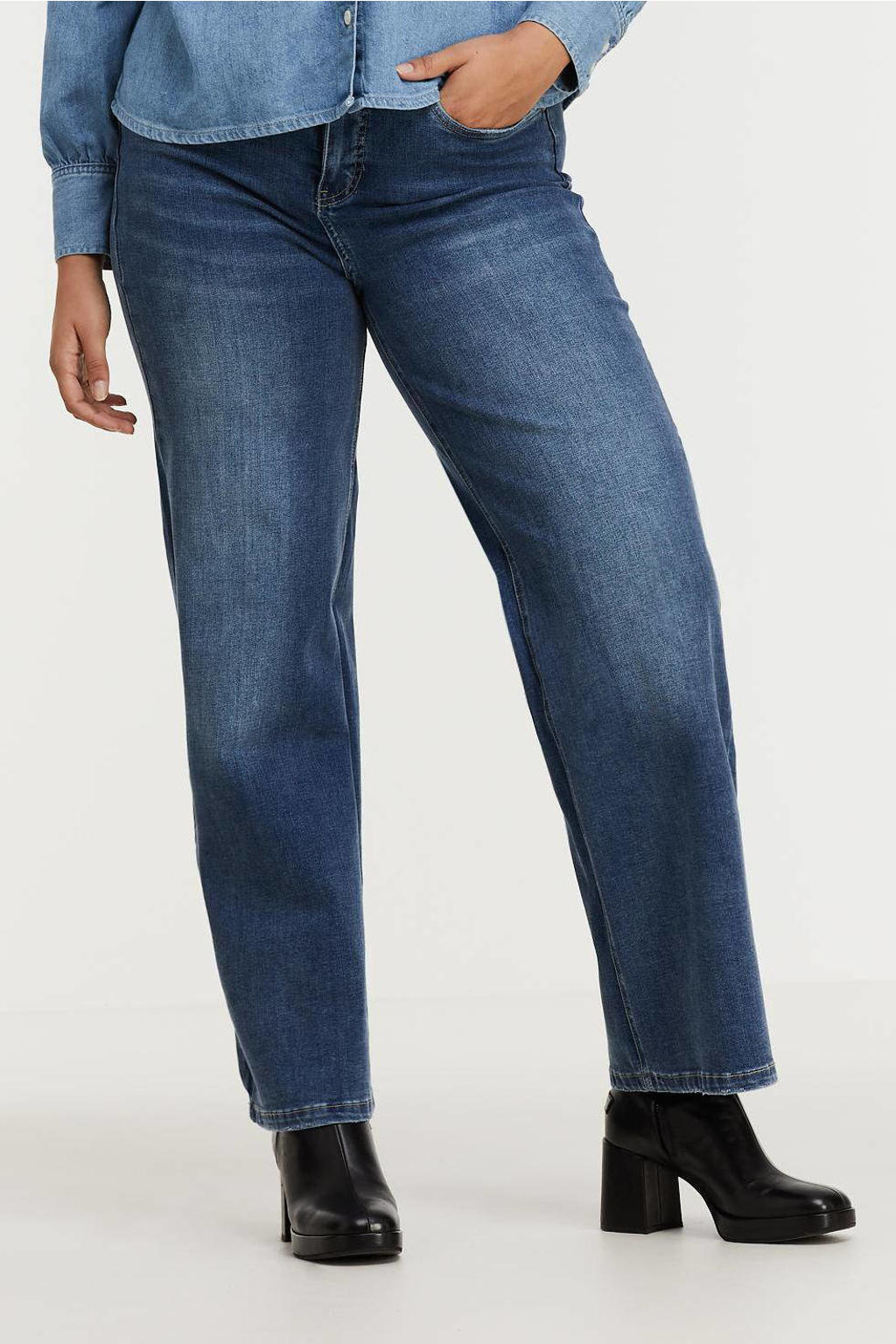 Lichtblauwe dames Fox Factor high waist wide leg jeans van stretchdenim met rits- en knoopsluiting