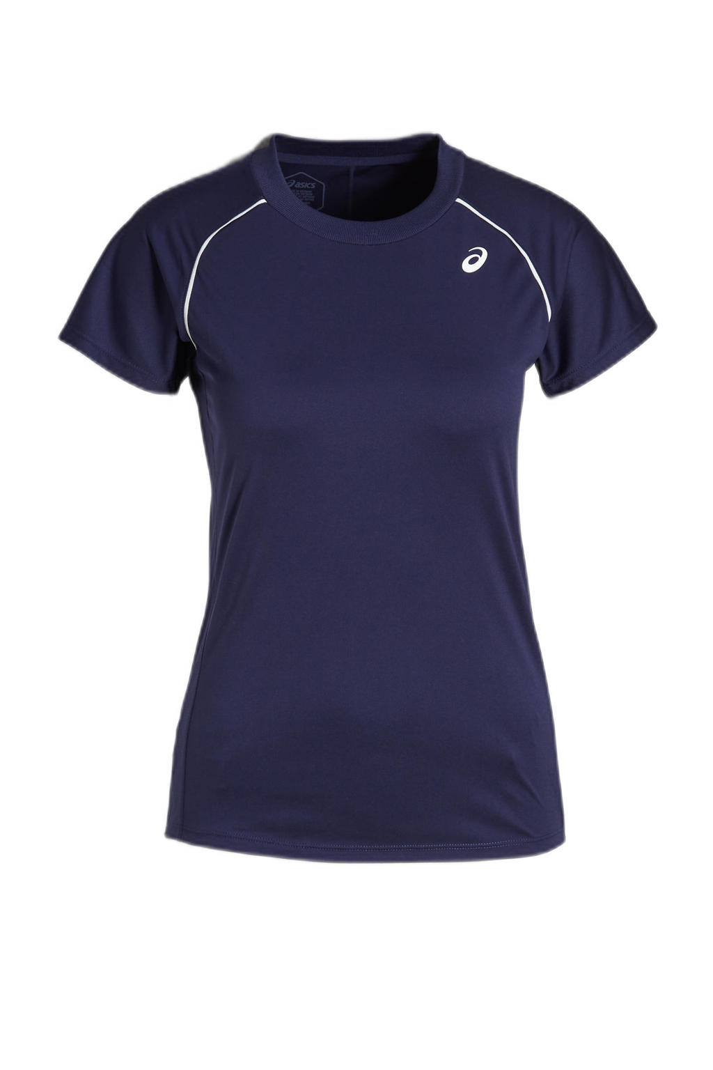 Donkerblauwe dames ASICS sport T-shirt Court van polyester met korte mouwen en ronde hals