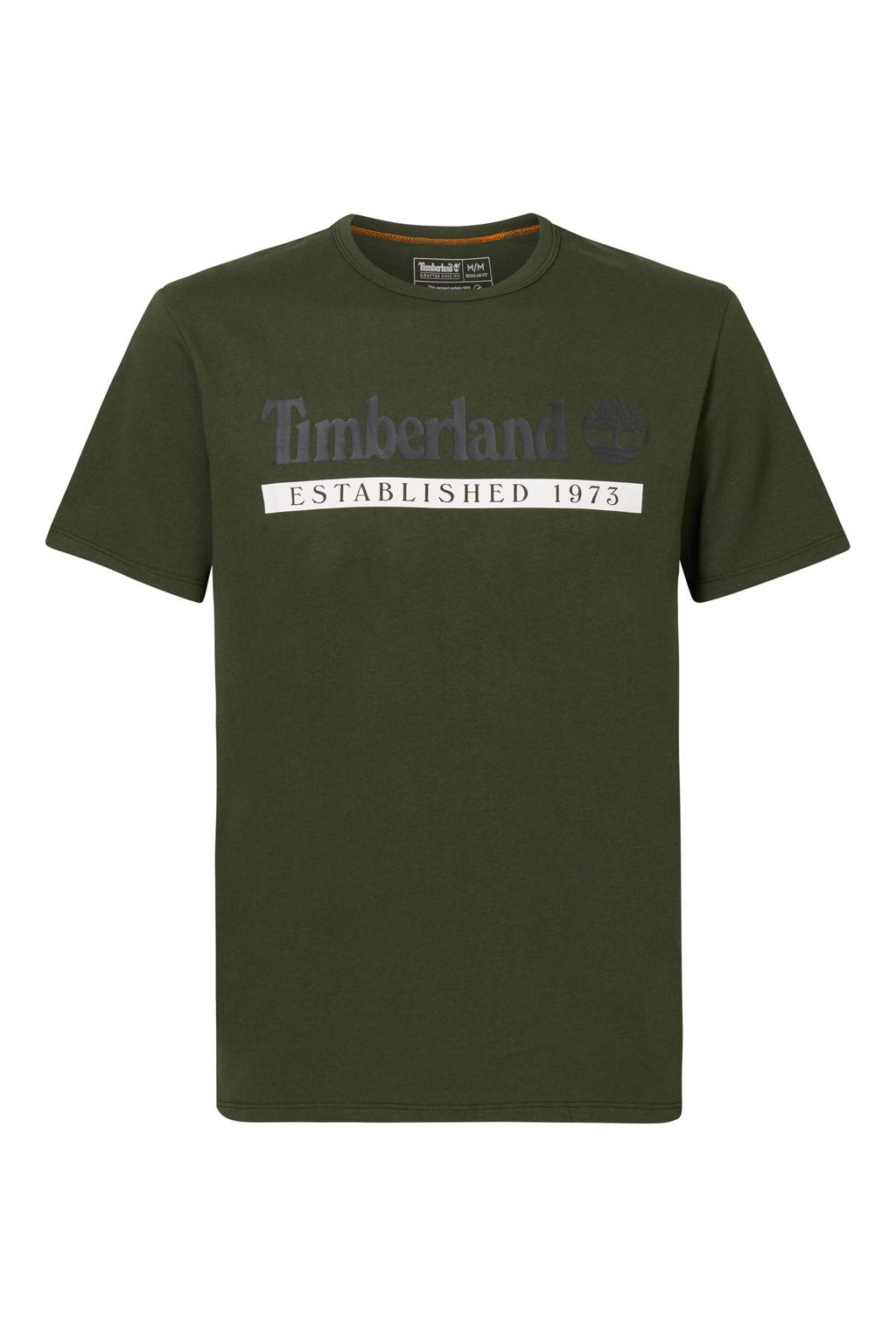 Groene heren Timberland regular fit T-shirt van biologisch katoen met tekst print, korte mouwen en ronde hals