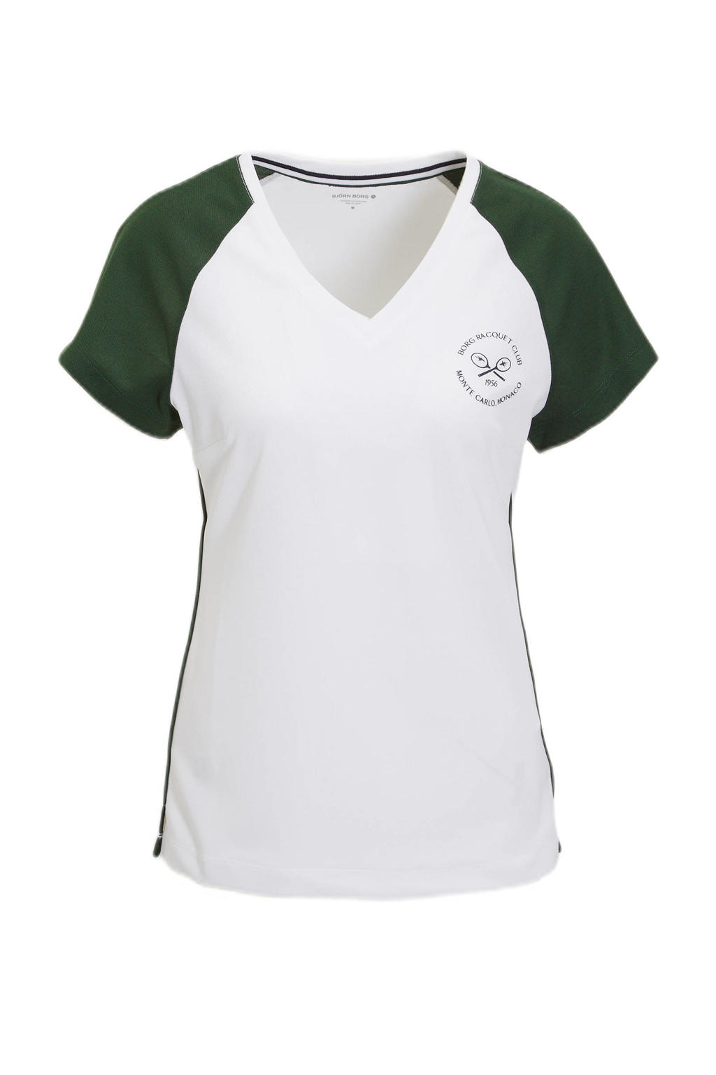 Wit en donkergroene dames Björn Borg sport T-shirt Ace van gerecycled polyester met logo dessin, korte mouwen en V-hals