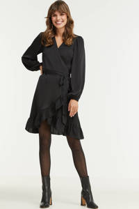 Zwarte dames anytime jurk satijn van polyester met lange mouwen, V-hals, elastische tailleband met koord en ballonmouwen