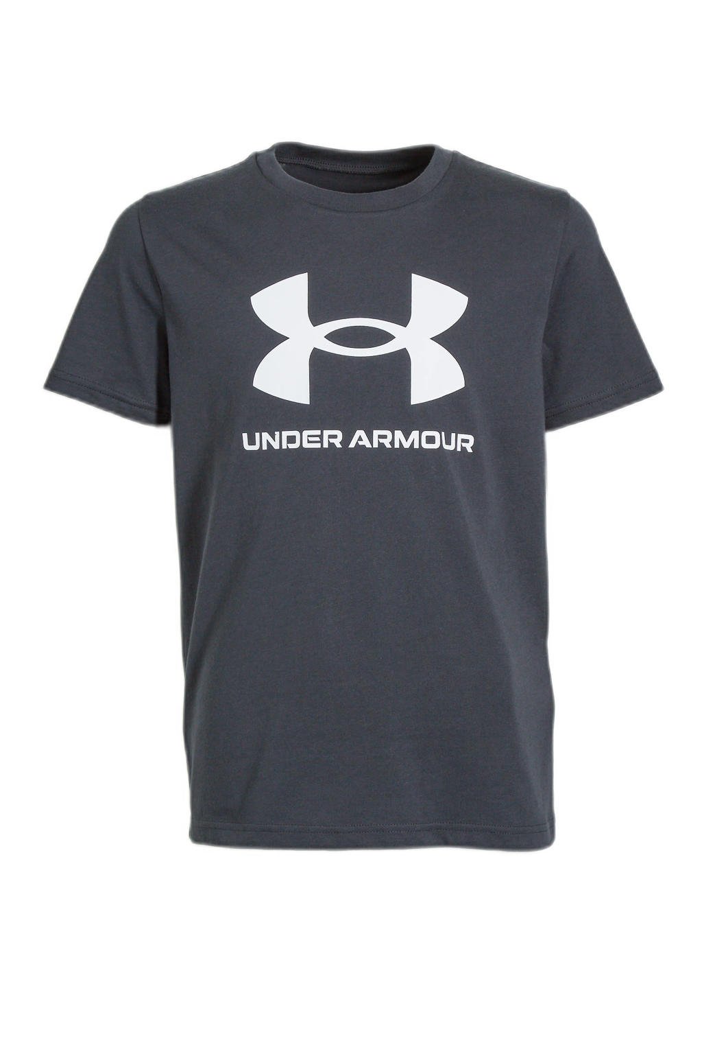 Zwarte jongens Under Armour sport T-shirt van katoen met logo dessin, korte mouwen en ronde hals