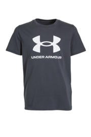 thumbnail: Zwarte jongens Under Armour sport T-shirt van katoen met logo dessin, korte mouwen en ronde hals