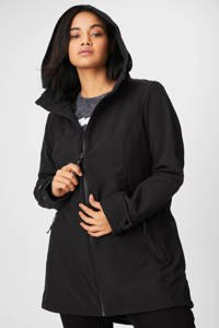 Zwarte dames C&A Yessica softshell jas van polyester met lange mouwen, capuchon, ritssluiting en tunnelkoord
