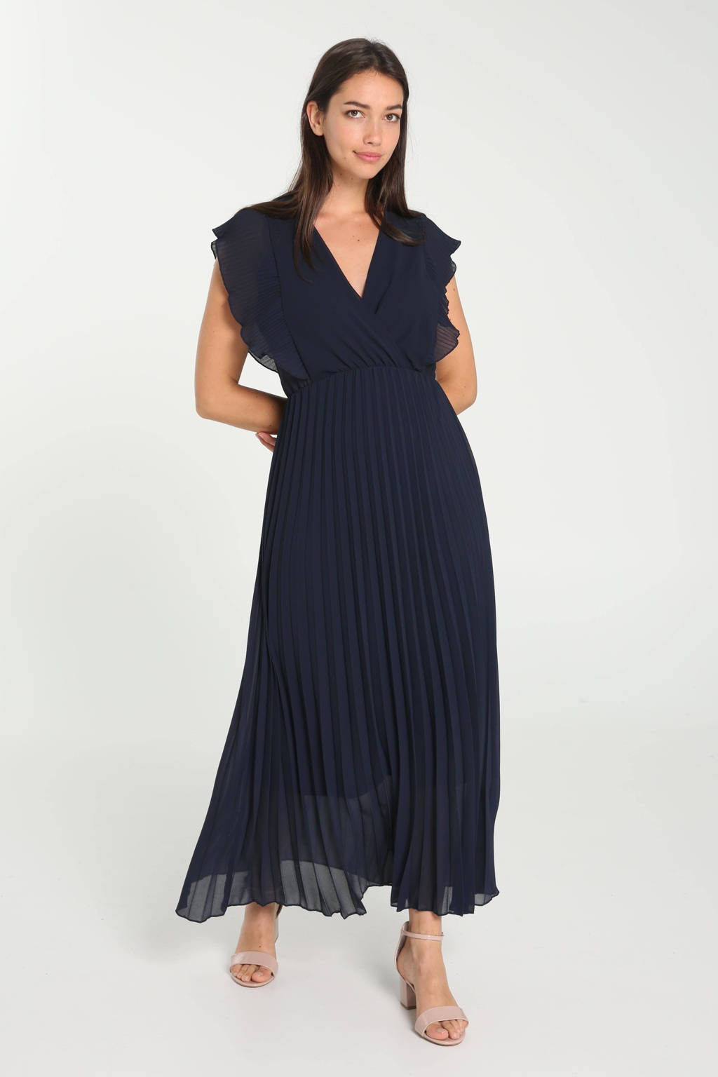Cassis semi-transparante maxi jurk met volant donkerblauw, Donkerblauw