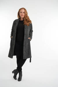 Zwart en grijze dames MS Mode coat en ceintuur van polyester met jacquard dessin, lange mouwen, reverskraag en knoopsluiting