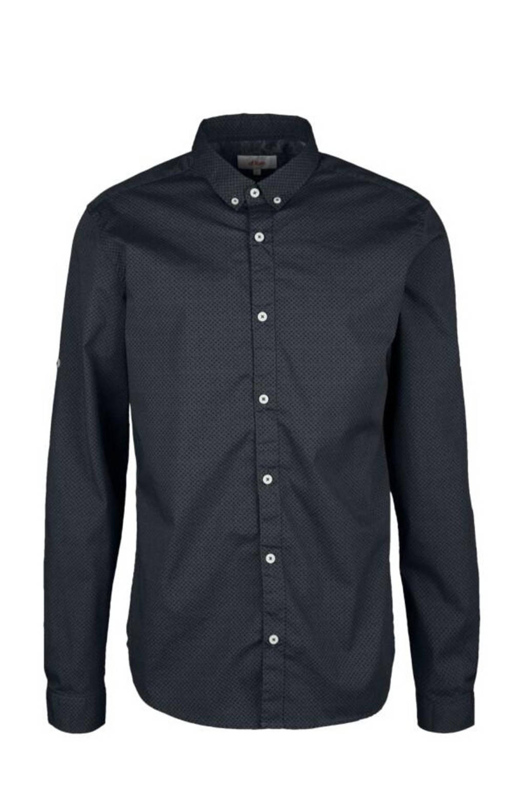 Donkerblauw en antraciete heren s.Oliver slim fit overhemd van stretchkatoen met all over print, lange mouwen en button down sluiting