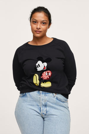Mickey Mouse sweater met printopdruk en pailletten zwart/rood/geel