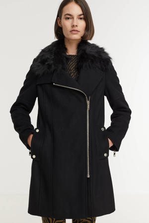  coat met wol en imitatiebontkraag zwart