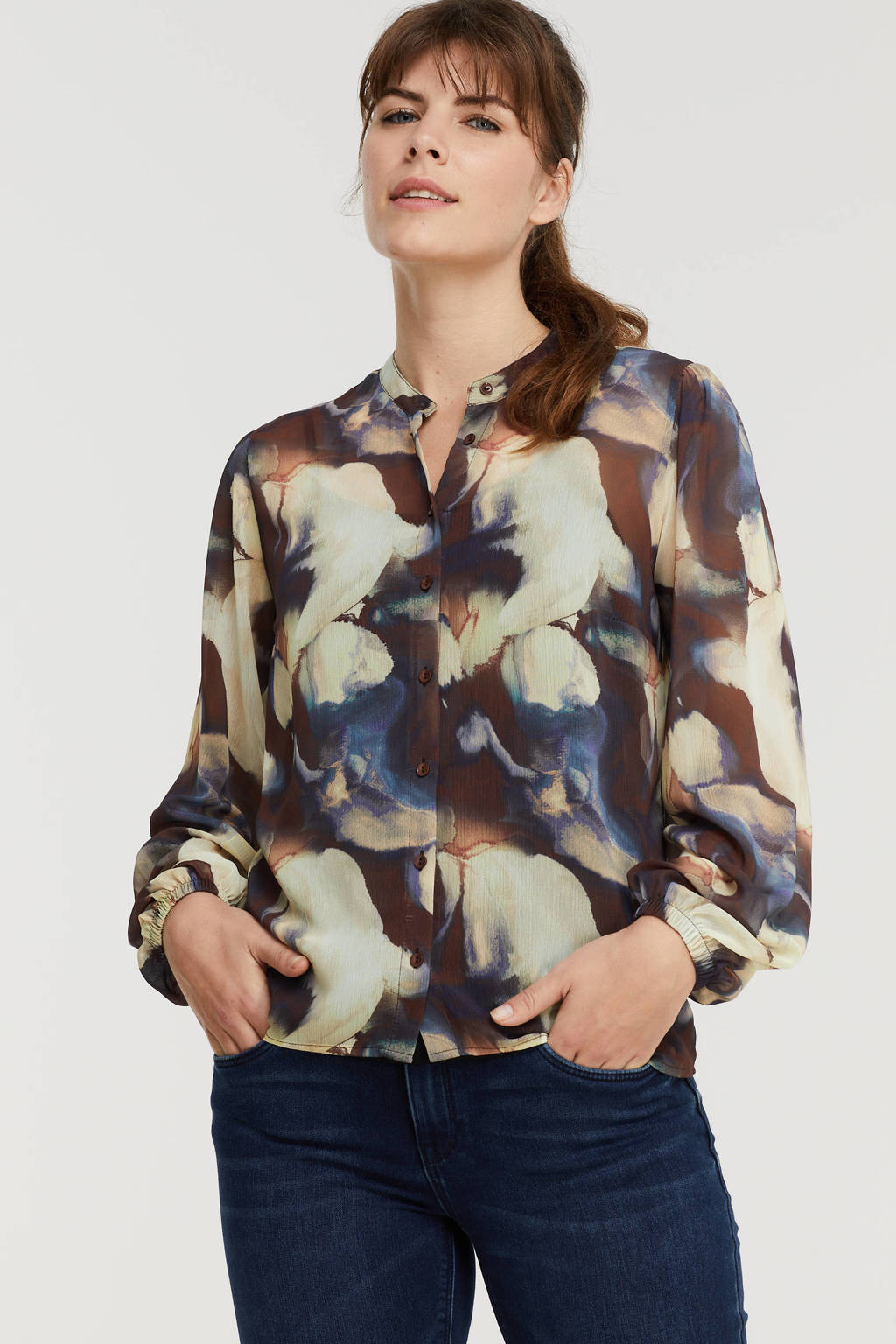 Multikleurige dames Imagine blouse van polyester met all over print, lange mouwen, ronde hals, knoopsluiting en elastische boord