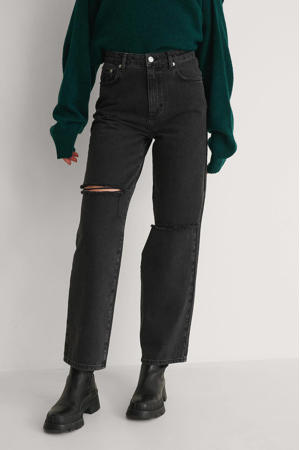 high waist straight fit jeans washed black