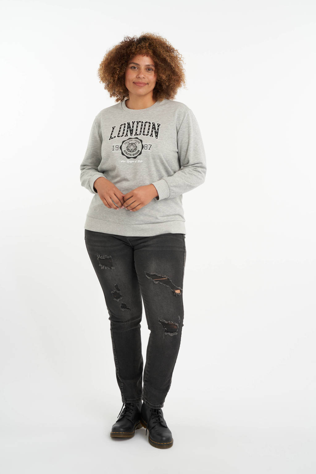 Lichtgrijs en zwarte dames MS Mode sweater en studs van polyester met tekst print en lange mouwen