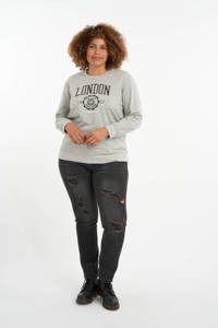 Lichtgrijs en zwarte dames MS Mode sweater en studs van polyester met tekst print en lange mouwen
